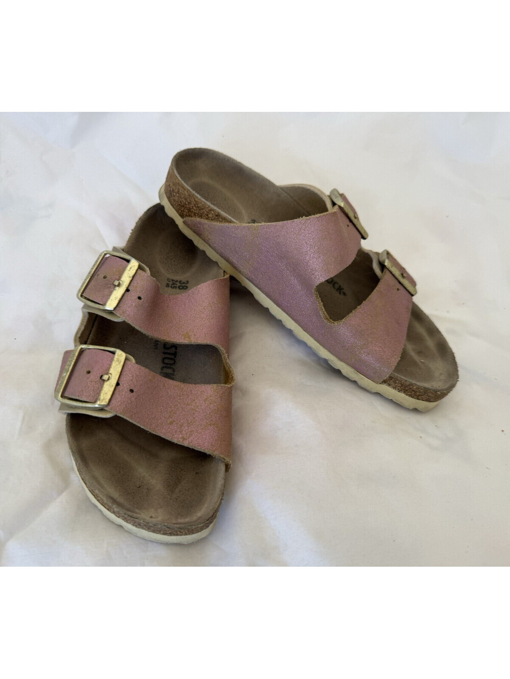 Birkenstock Arizona Sandals Size 7 EU 38 Washed Metallic Pink & Gold